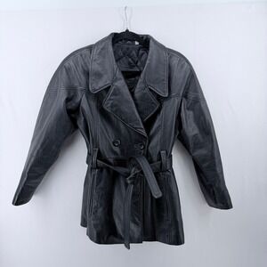 Preston‎ & York Petites Black Leather Trench Coat Double Breasted Belted Small